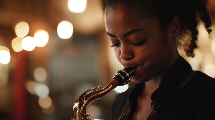 Close-up of a young woman playing a saxophone.
