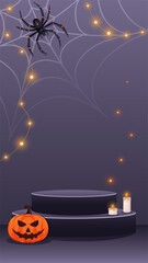 Halloween spooky podium for product display, glowing candles, creepy spider on web, string lights, and scary pumpkin. Vector illustration