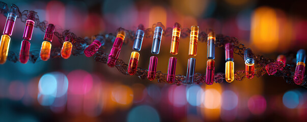 Colorful representation of a DNA strand with vibrant lights and abstract elements in a creative display of science and art