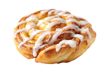 A closeup of a sweet cinnamon roll with icing, isolated on white on transparent background