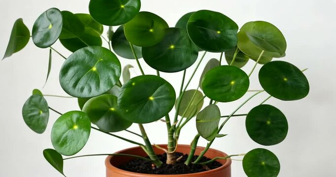 Lush green Pilea plant in a terracotta pot, showcasing vibrant leaves against a neutral background
