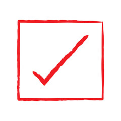 Red brush stroke forming check mark on white background.  signaling successful validation and positive confirmation.