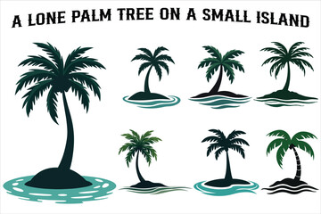 A lone palm tree standing on a small island with stylized ocean waves in the background
