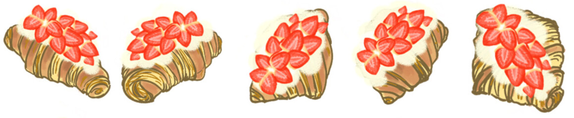 Strawberry Croissant with Cream Topping – Cute Dessert Illustration Set