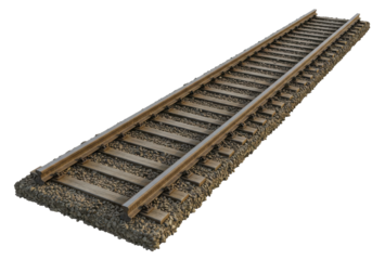 A straight railway track extending into the distance, surrounded by gravel and greenery