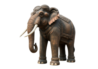 Majestic wooden elephant statue standing proudly with intricate carvings in a serene garden setting
