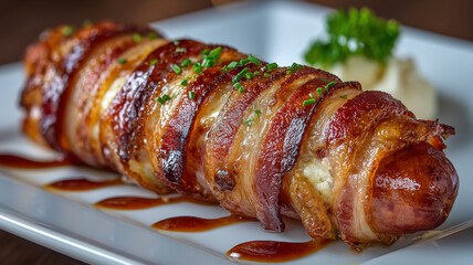 Savory bacon wrapped hot dog, grilled to perfection and crispy
