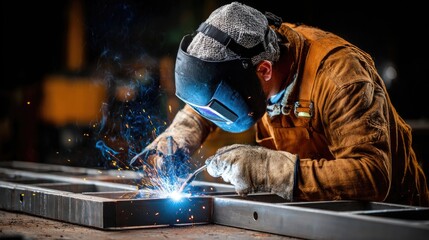 A construction worker welding a metal frame