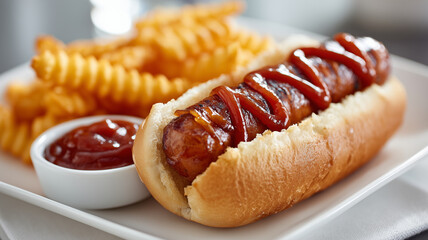 Delicious hot dog served with crispy fries and ketchup, perfect for kids!