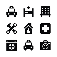 Collection of nine black service and emergency icons on a white background police hospital