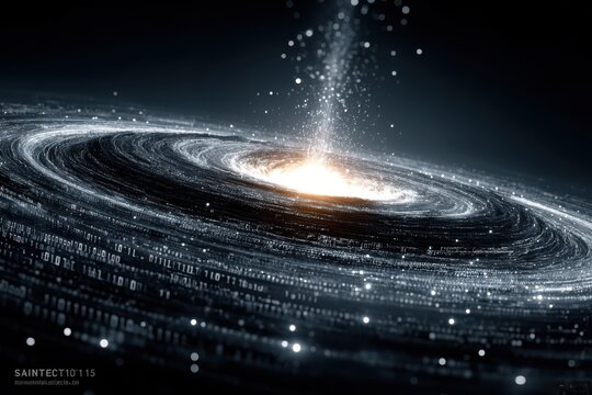 Abstract depiction of a glowing digital vortex with binary patterns