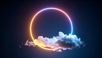 A surreal glowing ring emerging from dark clouds with a gradient of fiery orange to cool blue, creating a mysterious and ethereal atmosphere