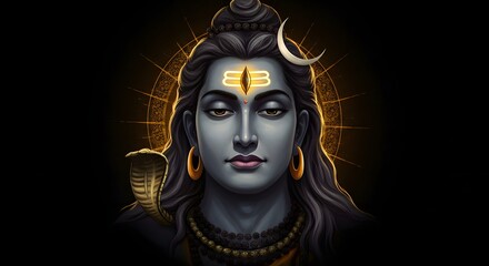 Illustration of Shiva, a Hindu deity, with a cobra around his neck, crescent moon, and a third eye.