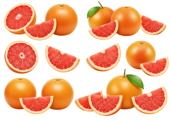 Naklejka premium Freshly sliced oranges and grapefruits arranged artistically on a white background