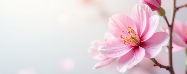Fototapeta premium Delicate pink blossom, pristine white backdrop Elegant floral detail , romantic, card, floral