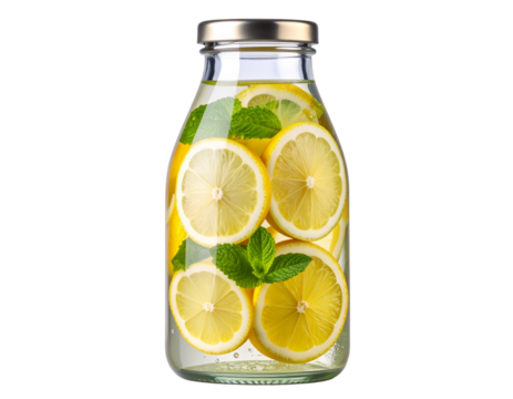 Glass Detox Water Bottle with Lemon Slices and Mint Leaves, Front View, Transparent Background