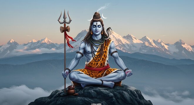 A serene depiction of Lord Shiva meditating on a mountain peak.