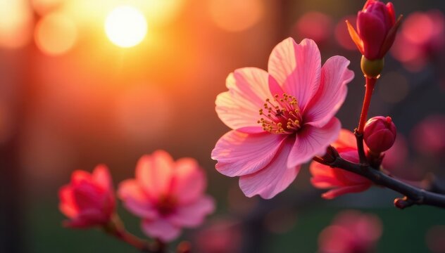 Happy New Year wish Single Ochna integerrima blossom in morning sun , celebration, morning, wishes