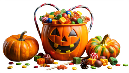 A festive halloween scene featuring a jackolantern candy bucket surrounded by pumpkins and scattered sweets on a transparent background