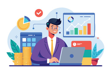 Fototapeta premium Planning a financial budget in a modern flat with graphs, charts, and tools for effective money management and analysis