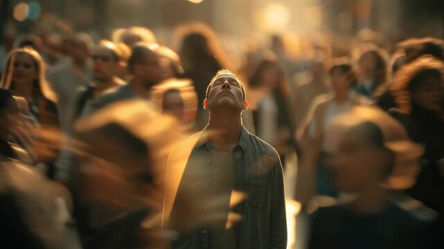 Man Standing Still in Busy City Crowd of Rushing People