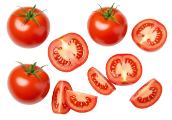 Fototapeta premium Fresh red tomatoes sliced and whole, showcasing vibrant color and texture, ideal for culinary use