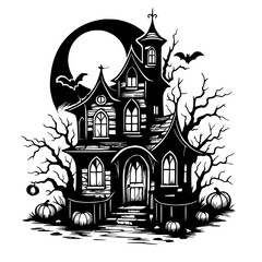 Black and White Halloween Horror House Scene