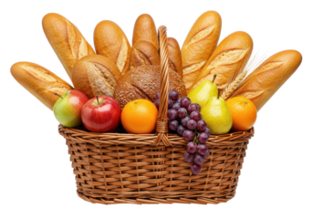 A vibrant basket filled with assorted fresh fruits and various types of bread