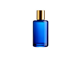 Naklejka premium Elegant Blue Liquid Bottle with Gold Cap on Textured Stone Pedestal, Angled Shadow Play, Transparent Background