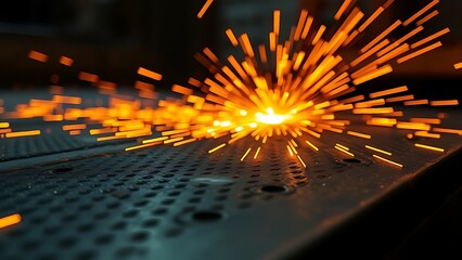 Close-up of glowing orange sparks on textured metal in a dark industrial environment.