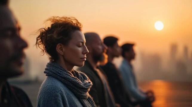 A group of diverse people meditating at sunset. The scene includes a young Caucasian woman with curly hair, a bald man, and several men of different ethnicities.