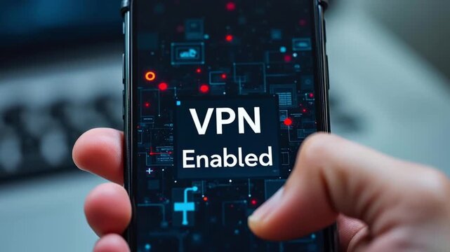 Vpn proxy protection connection concept. VPN Enabled Smartphone Screen Ensures Secure Proxy Connection and Protection for Online Privacy
