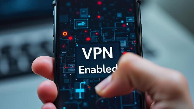 Vpn proxy protection connection concept. VPN Enabled on Smartphone Screen Ensuring Secure Proxy Connection and Data Protection with Enhanced Features