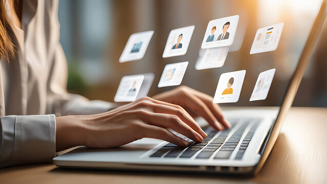 Woman typing on laptop with floating profile icons for online networking and job recruitment concept