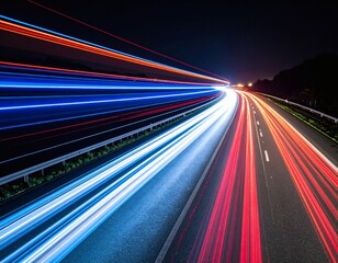 Night highway with vibrant light trails from speeding vehicles, creating dynamic streaks of color across the asphalt.