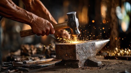 A blacksmith striking a large hammer down onto glowing hot metal resting on an anvil