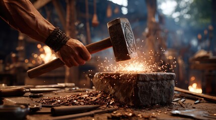 A blacksmith striking a large hammer down onto glowing hot metal resting on an anvil
