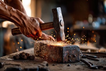 A blacksmith striking a large hammer down onto glowing hot metal resting on an anvil