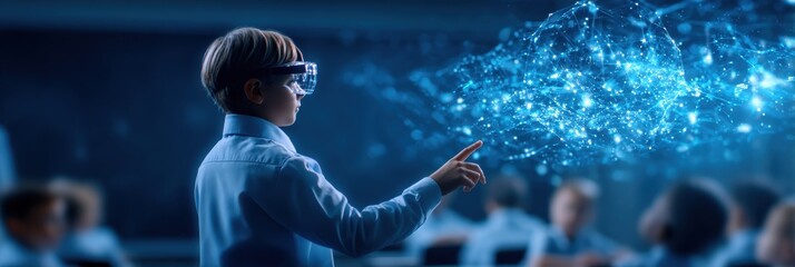 A young boy wearing AR glasses interacts with a holographic digital brain, symbolizing advanced technology and futuristic learning.