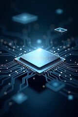 A stylized depiction of a computer processor with interconnected circuitry, floating in a digital space.