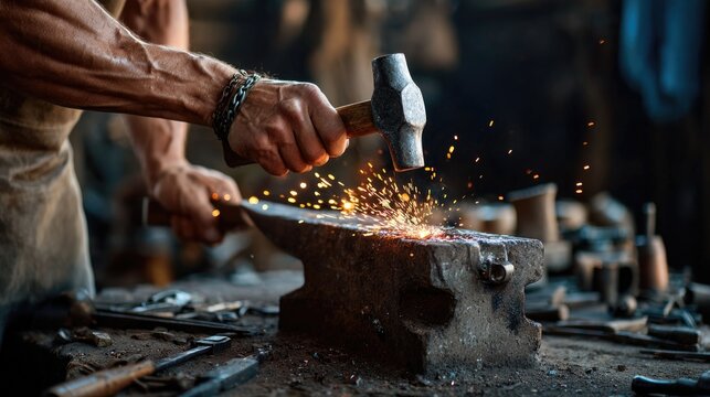 A blacksmith striking a large hammer down onto glowing hot metal resting on an anvil