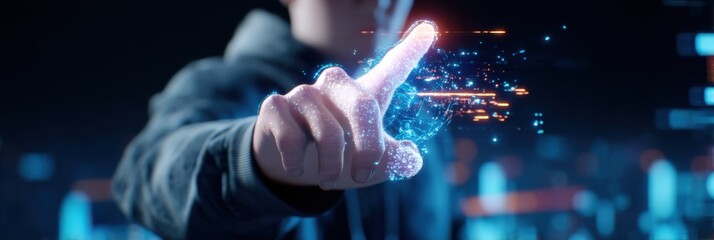 A person interacts with a glowing digital interface, with holographic and data elements emphasizing futuristic technology and innovation.