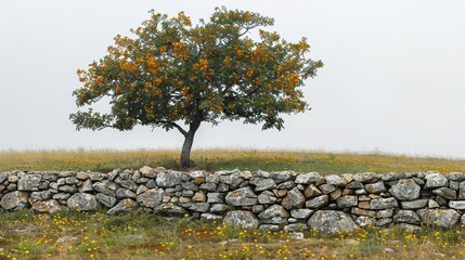 Stone wall under a leafy tree, with scattered wildflowers, against a hazy sky