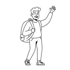 Smiling Cartoon Man with Backpack Waving Hand in Greeting.