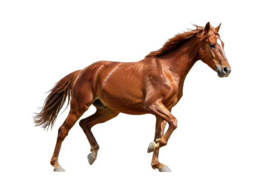Majestic chestnut horse galloping freely in a sunlit meadow with vibrant greenery