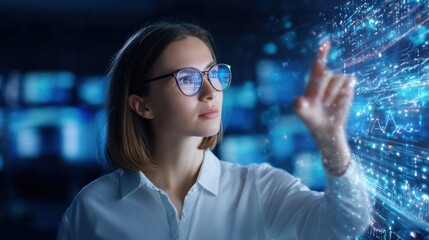 A woman wearing glasses interacts with a transparent digital interface displaying futuristic data and graphs in a tech-driven environment.