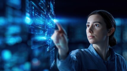 A woman interacts with a futuristic digital interface, focusing intently on virtual data and technology in a dark, high-tech environment.