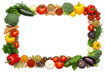 A vibrant assortment of fresh vegetables and herbs arranged in a decorative frame