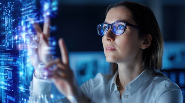 A woman wearing glasses interacts with a transparent digital interface displaying futuristic blue holographic data. - Powered by Adobe