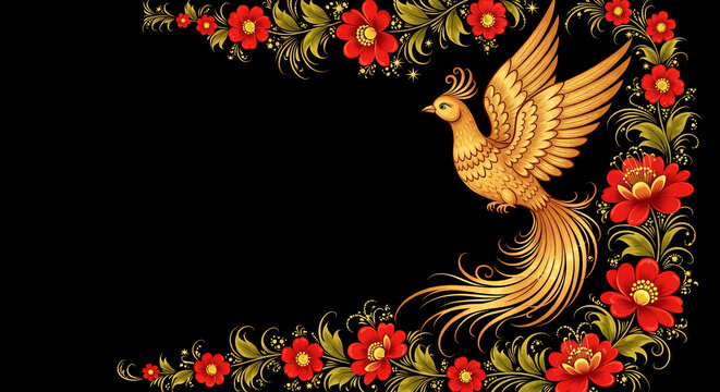 **Golden firebirds and red flowers in Palekh style against black abstract background with copy space**  